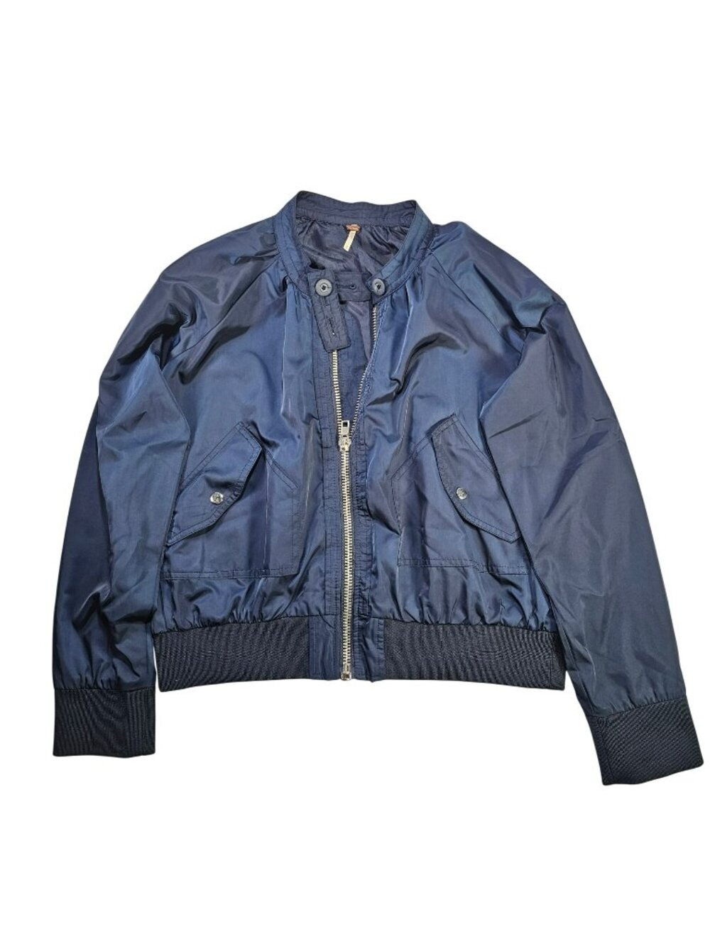 Free People Bomber Jacket Zipper Front & Button Collar Women's Size M Navy Blue